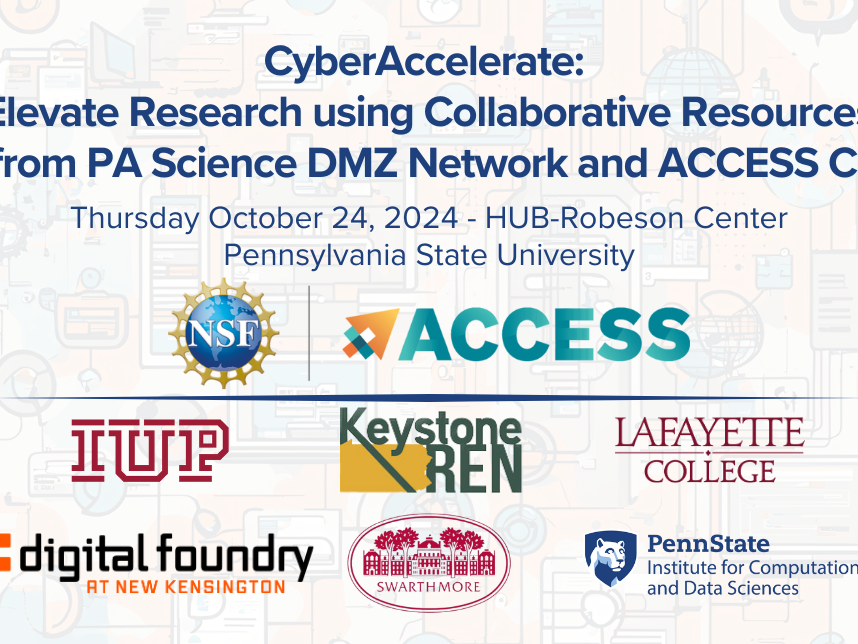 A tan graphic lists the information for the CyberAccelerate workshop, happening Thursday, Oct. 24 at HUB-Robeson Center.