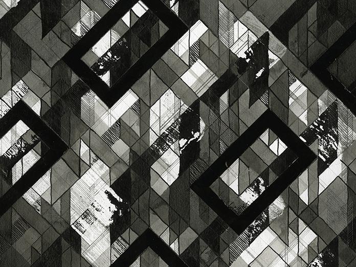 Black and white drawing with three-dimensional geometrical, diamond shapes.