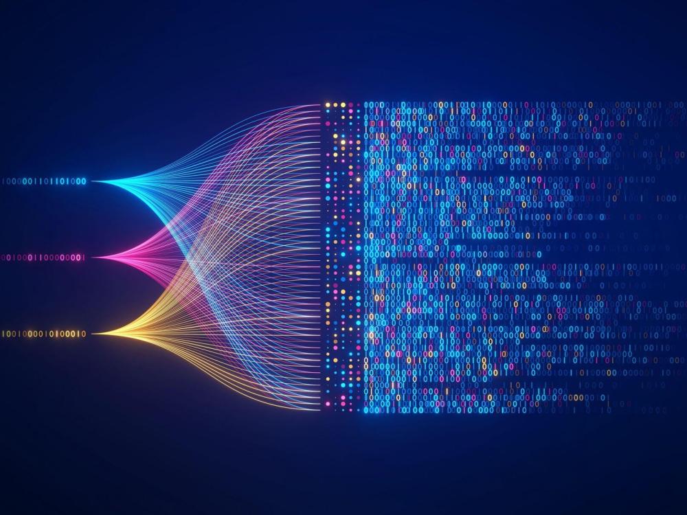 This illustration shows yellow, blue and pink numbers in a data flow.