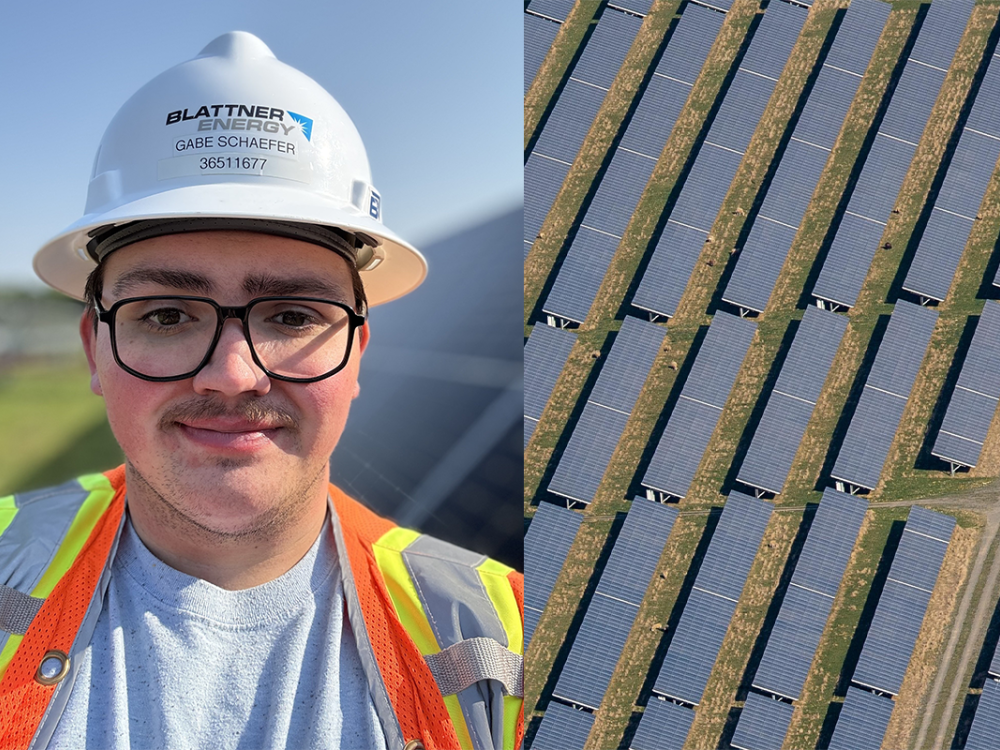 Gabriel Schaefer in protective gear at solar farm.